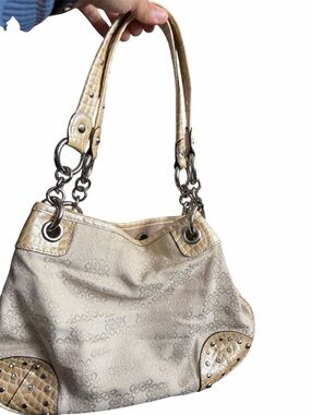 Kathy Van Zeeland Beige Patterned Tote Bag with Chain-Link Handles